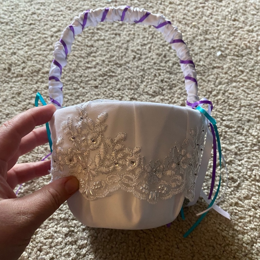 White Flower Girl Basket w/ Purple Petal